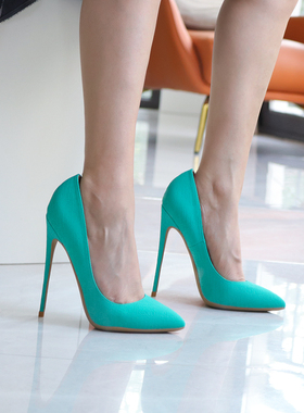 蓝色压花皮性感超高跟鞋单女细跟浅口夜店法式大小码欧美名媛13CM