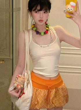 韩系风橙色格纹花苞短裙女夏季设计感高腰绑带海边度假甜辣妹裙子
