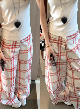 Safariii复古老钱风红色格子阔腿裤女夏薄直筒宽松弛感百搭休闲裤