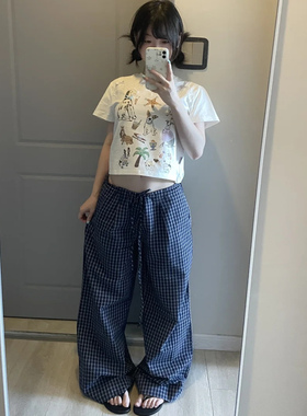 huffnpuff 复古慵懒风蓝色格子休闲裤女夏季高腰显瘦直筒阔腿长裤