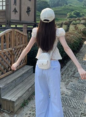 蓝色多巴胺条纹阔腿裤2025秋季新款抽绳蕾丝拼接低腰垂感休闲裤子