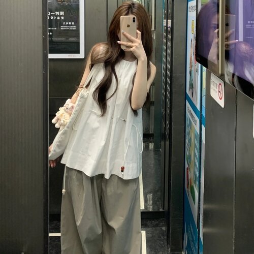 jde 气质白色设计感抽绳收腰无袖衬衫女夏季休闲百搭学院风上衣