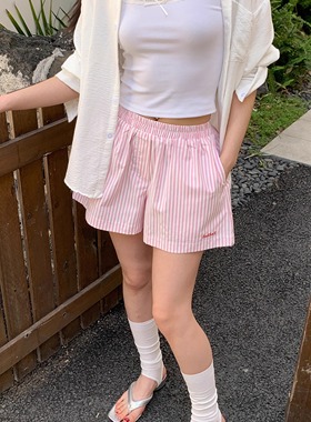 美式条纹休闲短裤女夏季运动弹力腰抽绳宽松A字热裤休闲三分裤潮