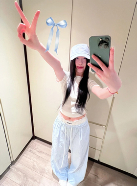 假两件蕾丝拼接休闲裤女夏新款设计感高腰显瘦直筒蓝色条纹阔腿裤