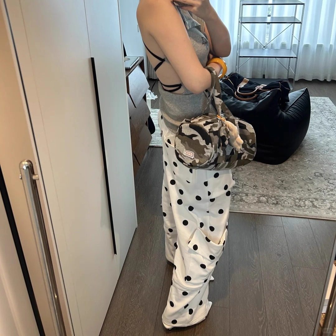 美式复古松弛感波点印花阔腿裤女夏季新款设计感重工多口袋工装裤