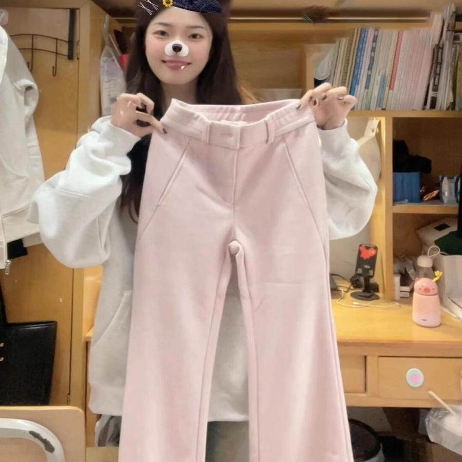 美式复古粉色加绒加厚微喇裤女秋冬2024新款高腰显瘦百搭休闲卫裤