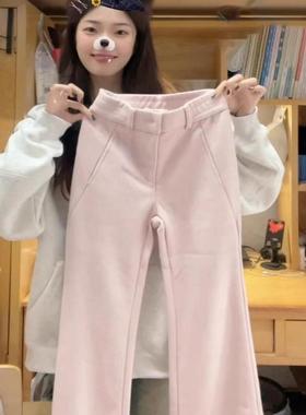 美式复古粉色加绒加厚微喇裤女秋冬2024新款高腰显瘦百搭休闲卫裤