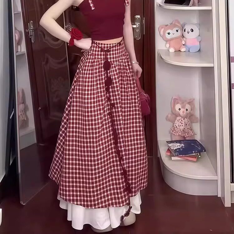 法式复古红色格纹连衣裙女装秋新款高腰显瘦气质穿搭长裙吊带套装