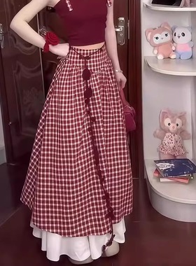 法式复古红色格纹连衣裙女装秋新款高腰显瘦气质穿搭长裙吊带套装