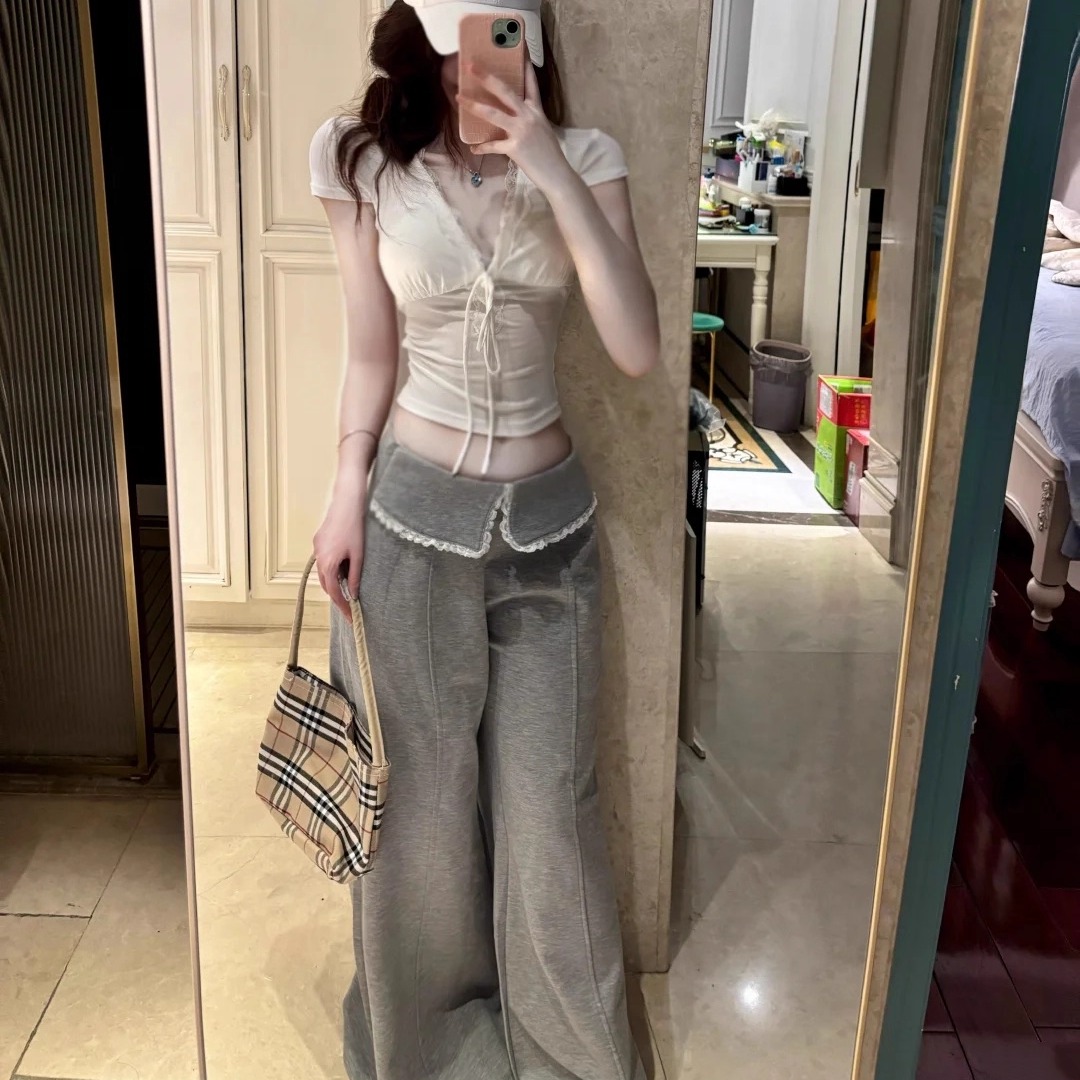 Wuu2sweet法式高级蕾丝花边休闲裤女显瘦百搭夏季薄款拖地阔腿裤