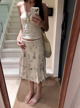 复古艺术感插画碎花百褶裙女夏季低腰显瘦百搭A字半身裙中裙百搭