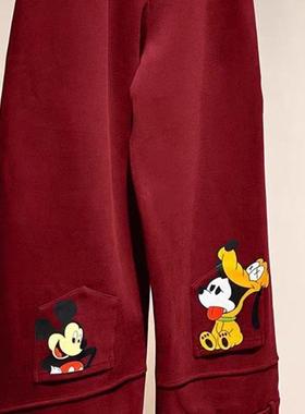 卡通米奇印花加绒休闲裤女秋冬季新款设计感显瘦百搭直筒卫裤潮流