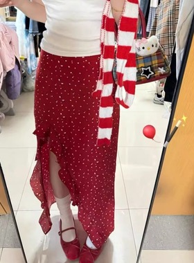 法式碎花荷叶边半身裙女秋季中长款显瘦包臀裙红色不规则开叉裙子