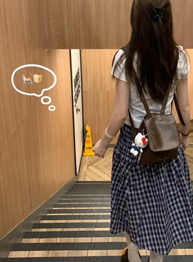 小众设计感两穿蓝色格子半身裙女夏季法式气质抹胸背心裙a字伞裙