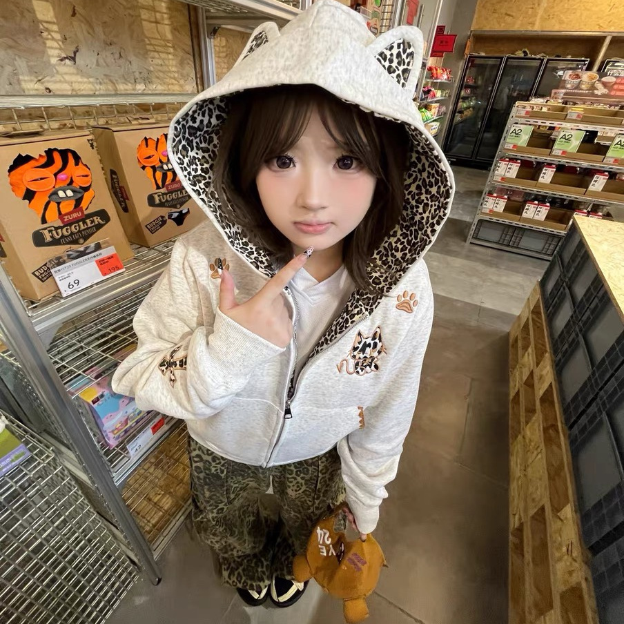 SREK 美式复古豹纹小恶魔刺绣连帽卫衣女秋冬新款设计感情侣外套