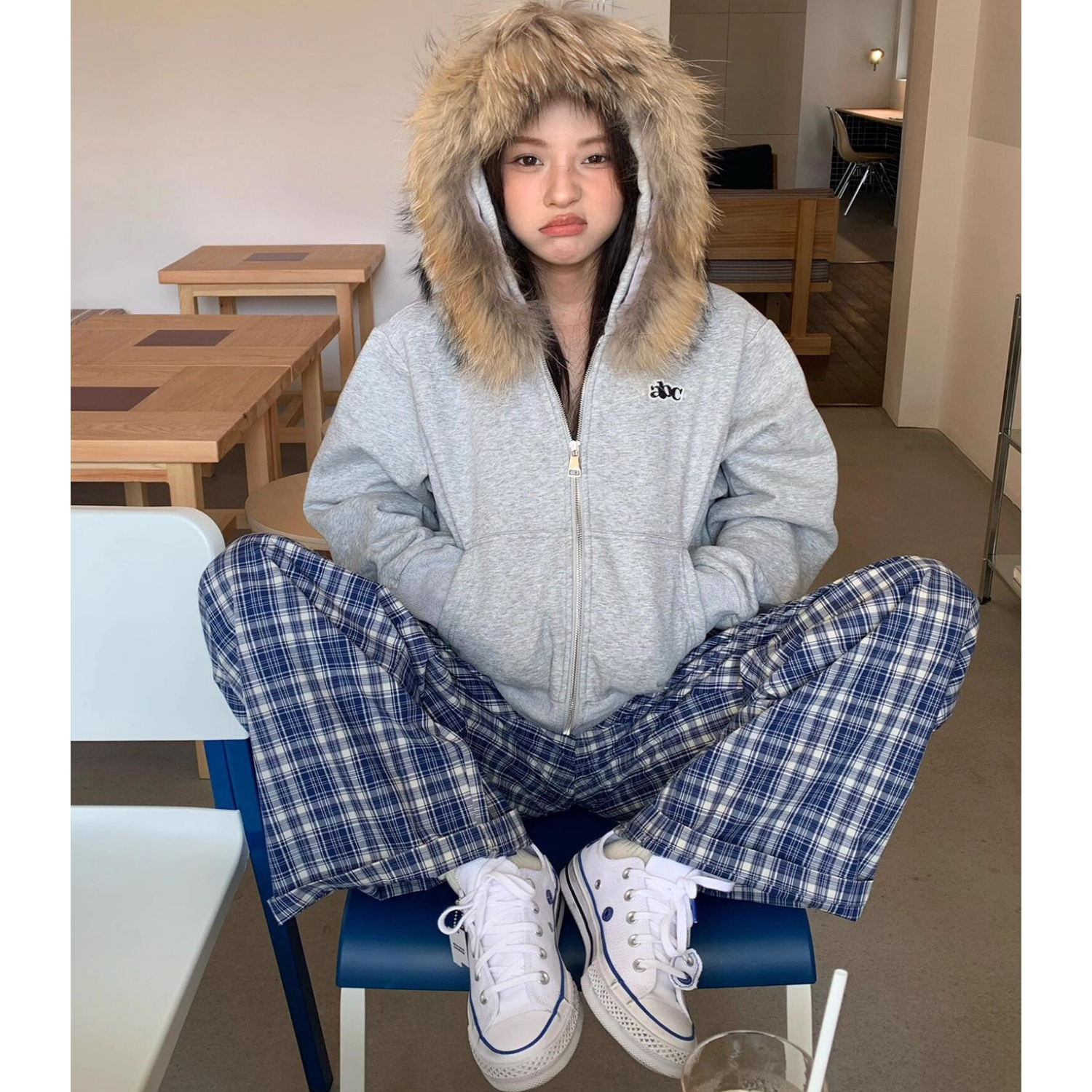 HEYABC 韩系连帽可拆卸蓬松貉子毛宽松卫衣abc贴布绣拉链国潮上衣