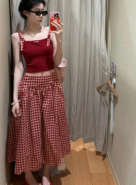 法式复古红色格纹半身裙女夏季设计感长裙收腰宽松显瘦百搭中长裙