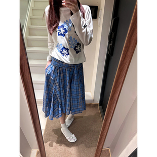 Loala office 美式复古衬衫式系带格子半身裙女夏季不规则中长裙