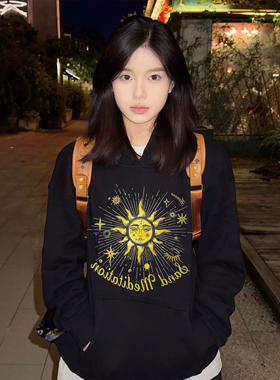 honore古月 学院风黑色太阳花印花连帽卫衣秋冬新款宽松帽衫外套