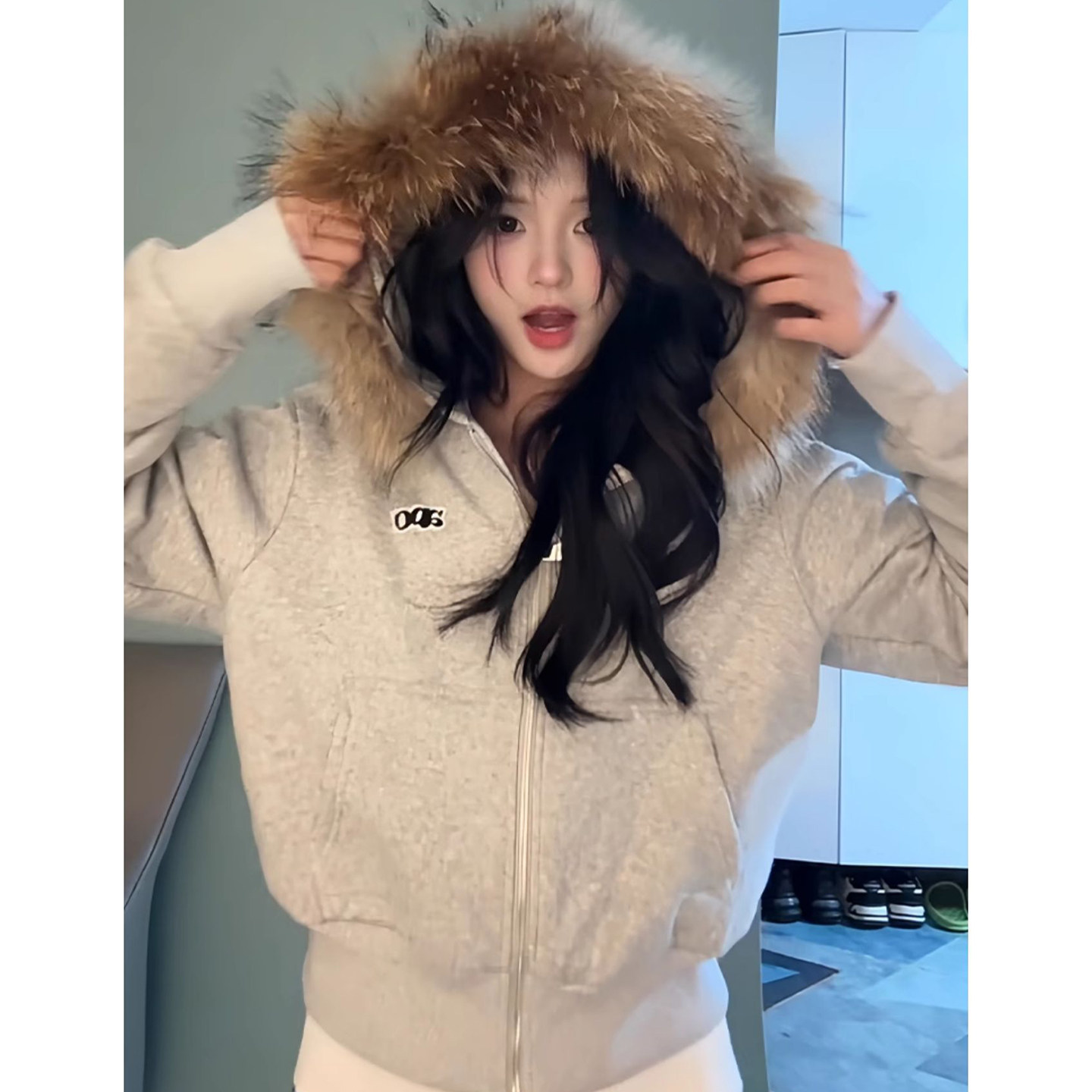 HEYABC 韩系连帽可拆卸蓬松貉子毛宽松卫衣abc贴布绣拉链国潮上衣