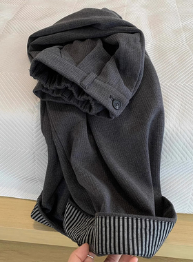 CHAO级推荐！韩系小众设计感裤脚翻边深灰色磨毛加厚阔腿裤女秋冬