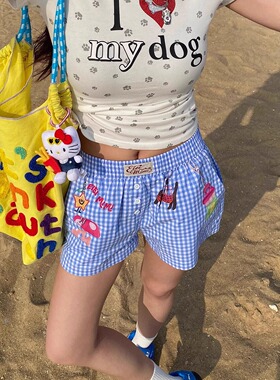 2025美式少女夏季可爱印花格子沙滩裤热裤女休闲直筒薄款短裤潮