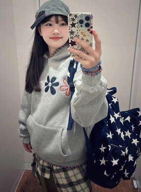 EUSOUEU 美式复古小花朵撞色贝壳刺绣连帽卫衣女新款宽松休闲上衣