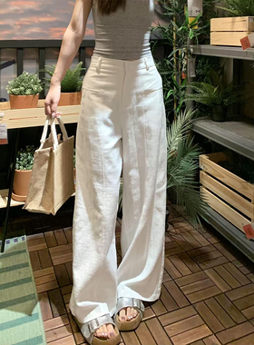 老钱风白色亚麻阔腿裤女2025秋季款透气高腰休闲裤棉麻垂感镰刀裤
