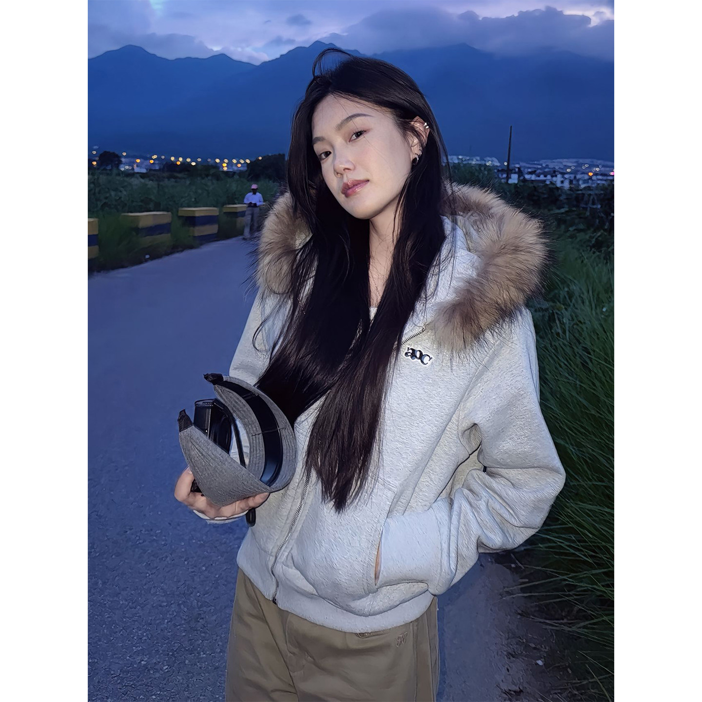 HEYABC连帽可拆卸蓬松貉子毛宽松韩系abc贴布绣拉链卫衣国潮上衣