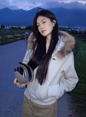 HEYABC连帽可拆卸蓬松貉子毛宽松韩系abc贴布绣拉链卫衣国潮上衣