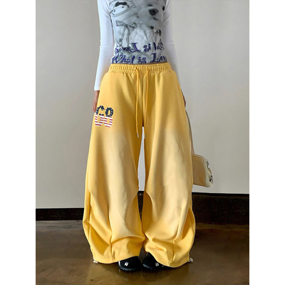 美式复古水洗黄色跳舞运动裤子女早秋穿搭直筒辣妹阔腿休闲长裤潮