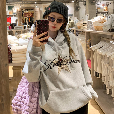 Archivum美式复古豹纹星星印花图案连帽卫衣女秋冬长袖套头上衣潮