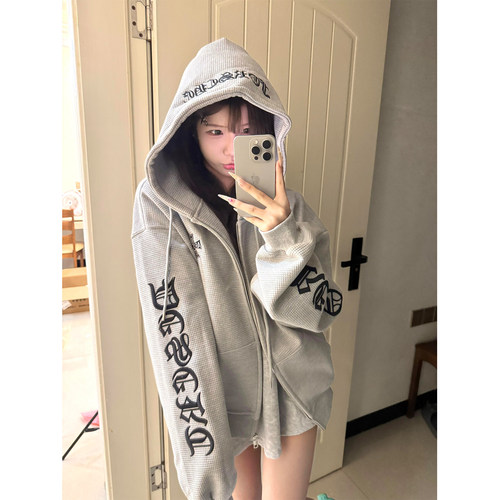 0123start 华夫格连帽开衫卫衣男女宽松美式哥特潮牌外套秋冬加绒