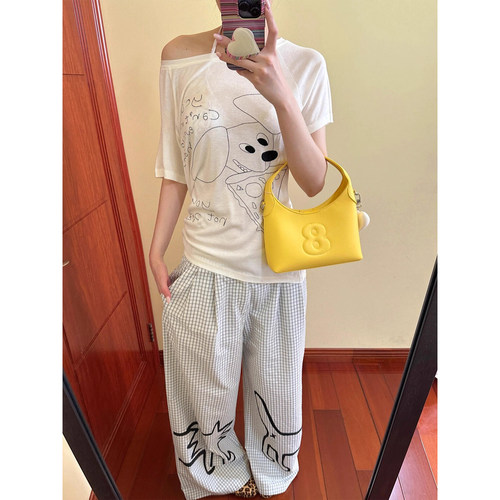 Sapic House美式复古印花格子休闲裤女夏季新款直筒显瘦阔腿长裤