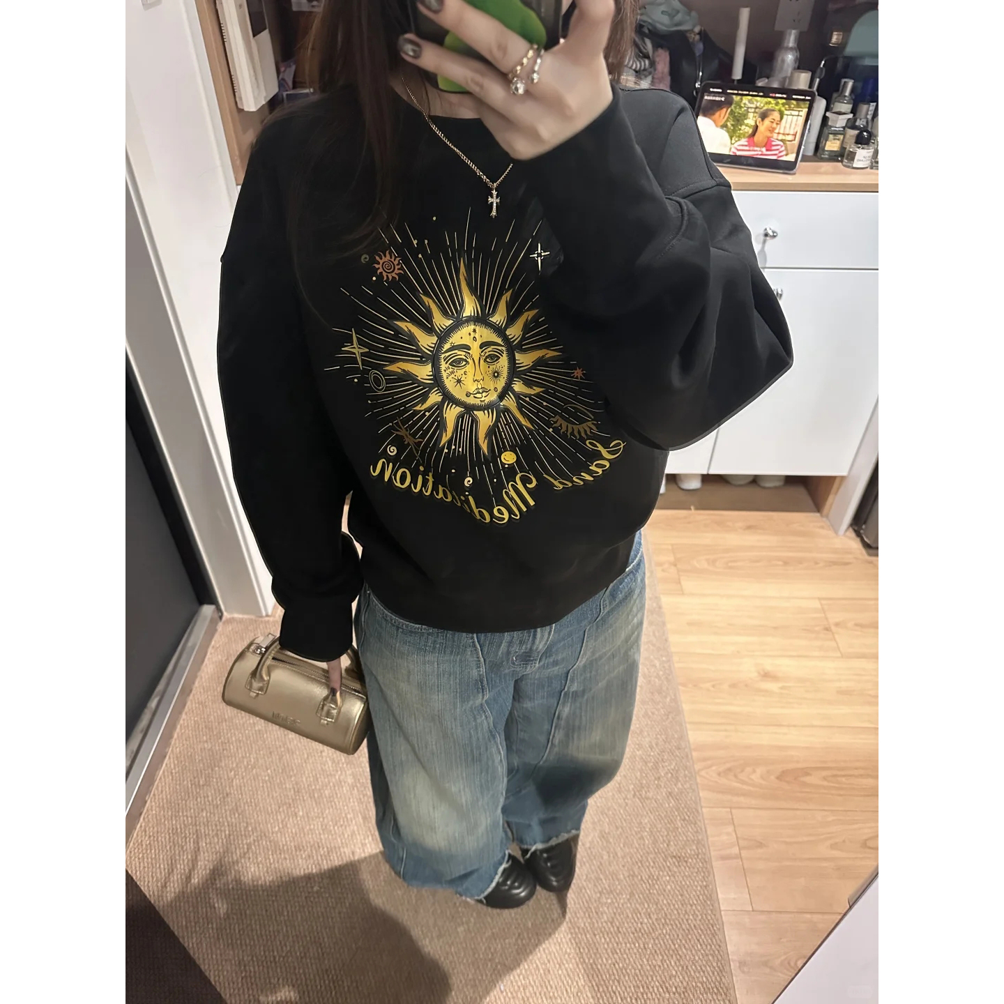 HONORE古月 太阳神 复古百搭松弛慵懒 圆领短款图腾印花加绒卫衣