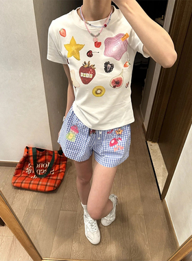 美式复古蓝色格纹短裤女夏季新款高腰显瘦百搭印花阔腿薄款热裤潮