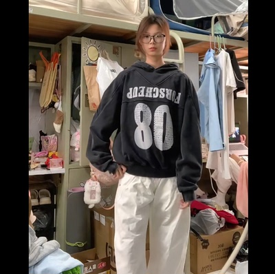 0123start 复古做旧水洗套头连帽卫衣女宽松慵懒风美式情侣装外套