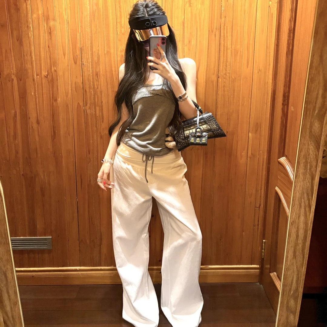 HUFFNPUFF亚麻天丝棉阔腿裤女夏季薄款老钱风高腰垂感直筒休闲裤