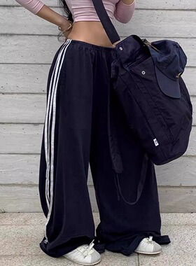 美式休闲藏蓝色运动侧条纹阔腿裤秋季百搭设计感三条杠宽松直筒裤
