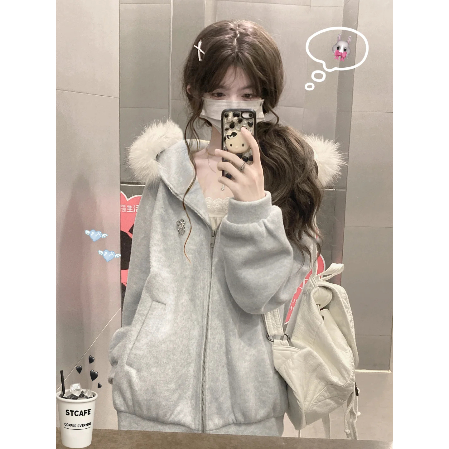 QDQD 原创连帽毛领羊毛呢子大衣夹棉加厚保暖秋冬季拉链卫衣外套