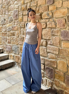 多巴胺蓝色抽绳褶皱感阔腿裤女夏季新款松紧腰百搭高腰休闲拖地裤