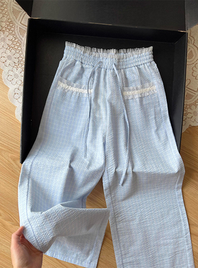 法式优雅蓝色蕾丝花边拼接阔腿裤女2025秋新款松紧腰休闲直筒裤子