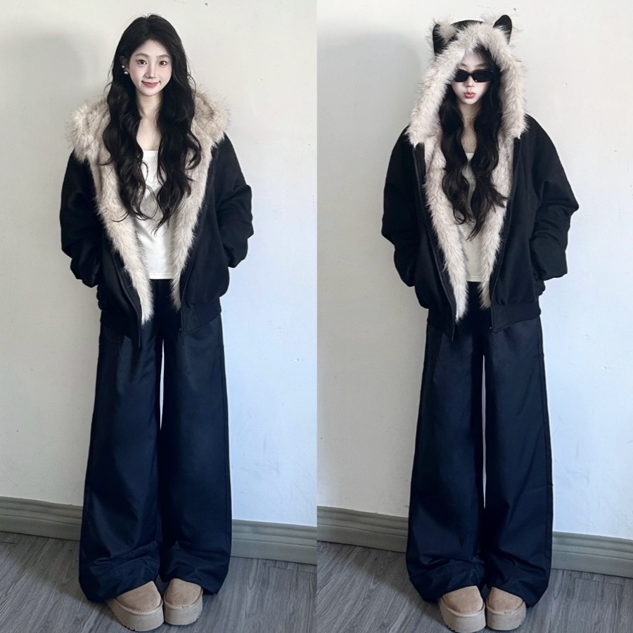 FDR 国潮座山雕毛领猫耳棉服女2025年冬季新款情侣加厚棉袄外套潮