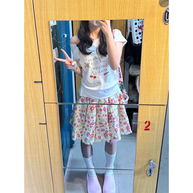 1ess la mode 小清新碎花百褶半身裙女夏季新款度假风气质A字中裙