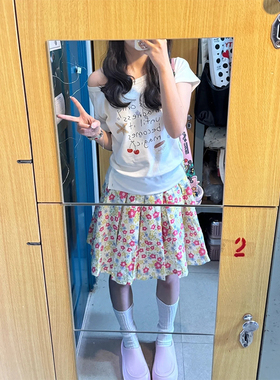 1ess la mode 小清新碎花百褶半身裙女夏季新款度假风气质A字中裙