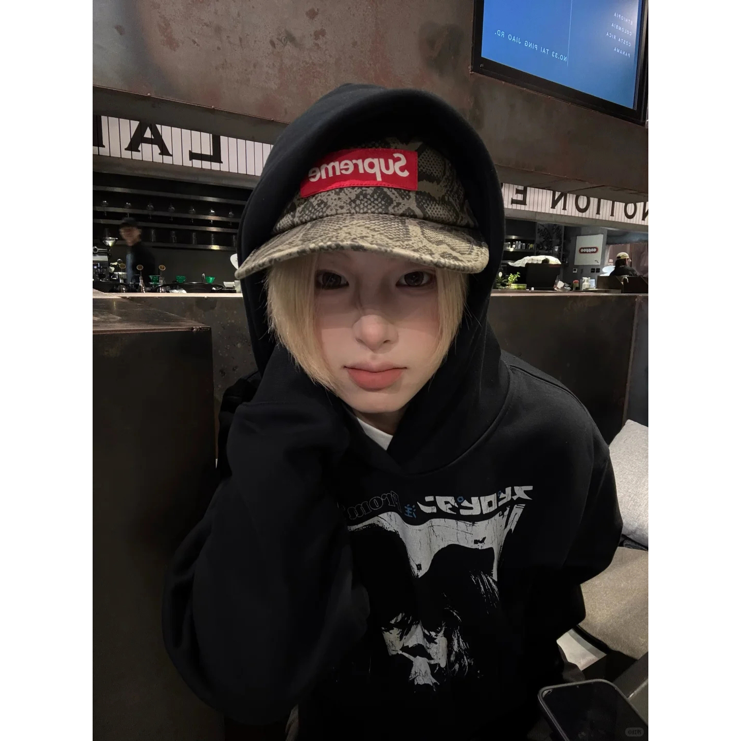 FromTheEdge 美式复古斑驳印花套头卫衣百搭黑色秋冬宽松加绒上衣