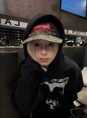 FromTheEdge 美式复古斑驳印花套头卫衣百搭黑色秋冬宽松加绒上衣