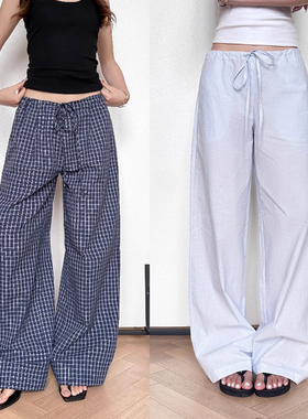 huffnpuff 复古慵懒风蓝色格子阔腿裤女夏高腰显瘦直筒阔腿休闲裤