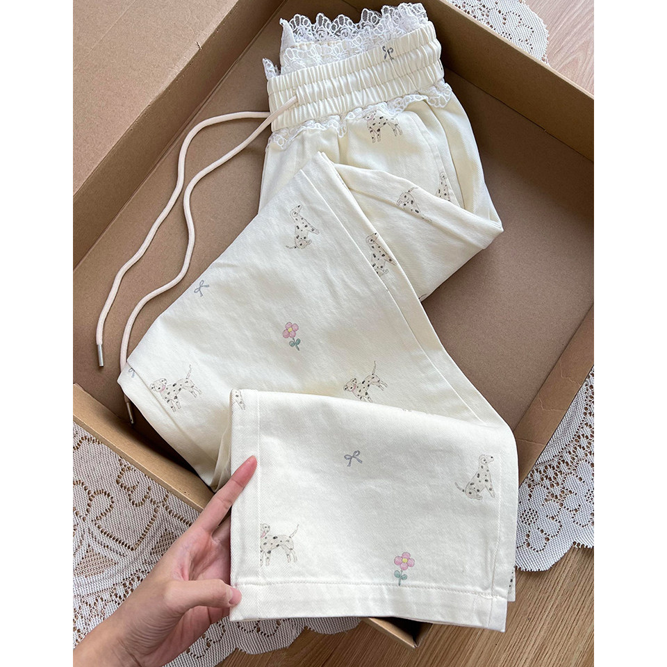 韩版蕾丝花边遛弯小狗印花可爱裤子女2025早春新款抽绳休闲直筒裤