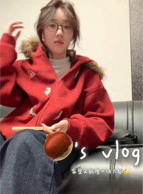 NICEBAD 美式复古红色腊肠狗绣花可拆卸毛领毛呢夹克简约长袖春秋